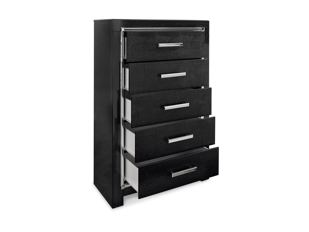 Kaydell Black Queen Upholstered Panel Bed, Dresser, Mirror And Chest