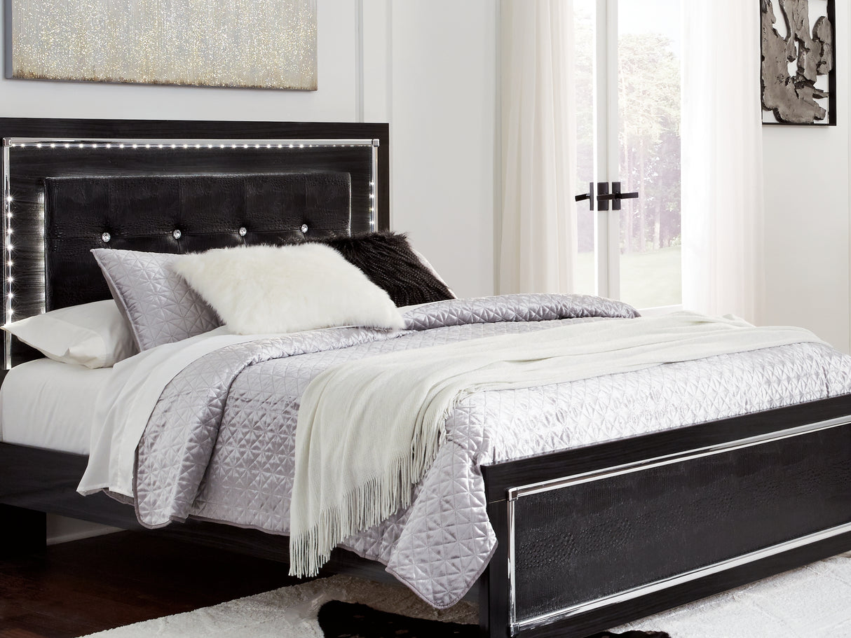 Kaydell Black Queen/Full Upholstered Panel Headboard, Dresser And Mirror