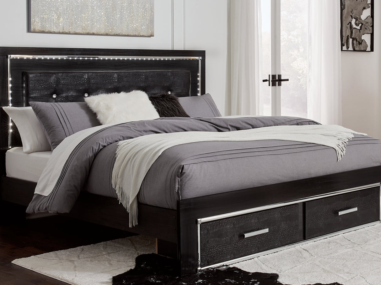 Kaydell Black King Panel Storage Bed, Dresser, Mirror And Nightstand