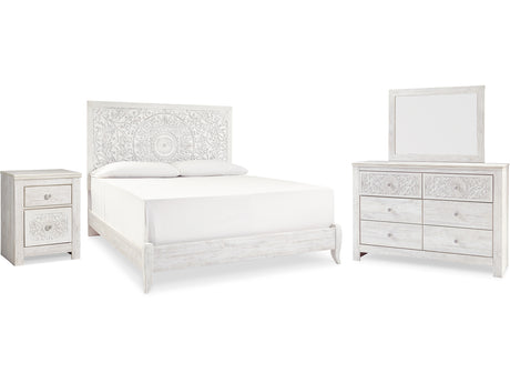 Paxberry Whitewash King Panel Bed, Dresser, Mirror And Nightstand