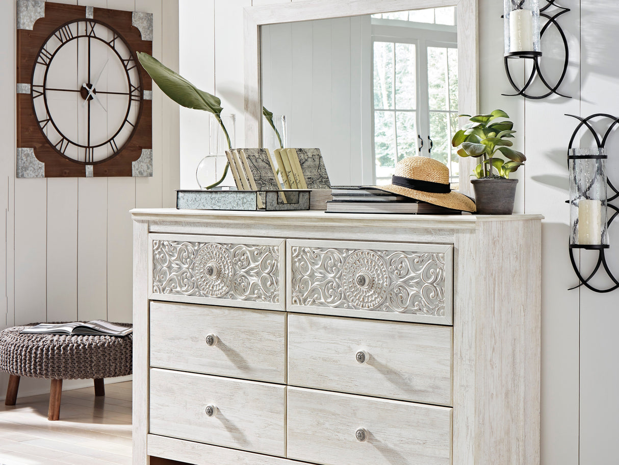 Paxberry Whitewash King Panel Bed, Dresser, Mirror And Nightstand