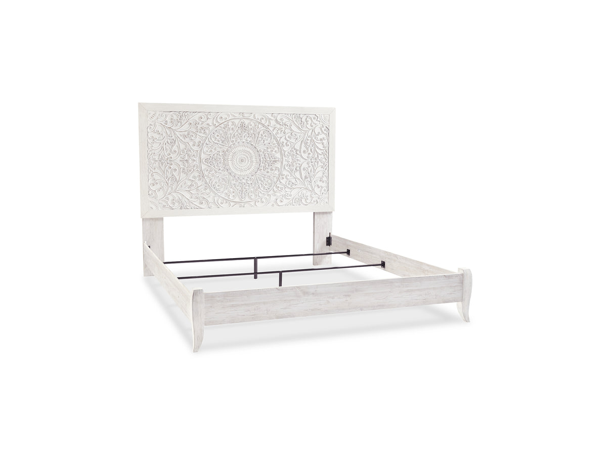 Paxberry Whitewash King Panel Bed, Dresser, Mirror And Nightstand