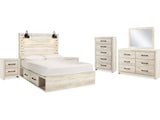 Cambeck Whitewash Queen Panel Storage Bed, Dresser, Mirror, 2 Chests And Nightstands