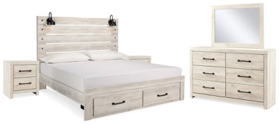 Cambeck Whitewash King Storage Bed, Dresser, Mirror And 2 Nightstands