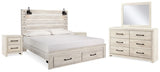 Cambeck Whitewash King Storage Bed, Dresser, Mirror And 2 Nightstands