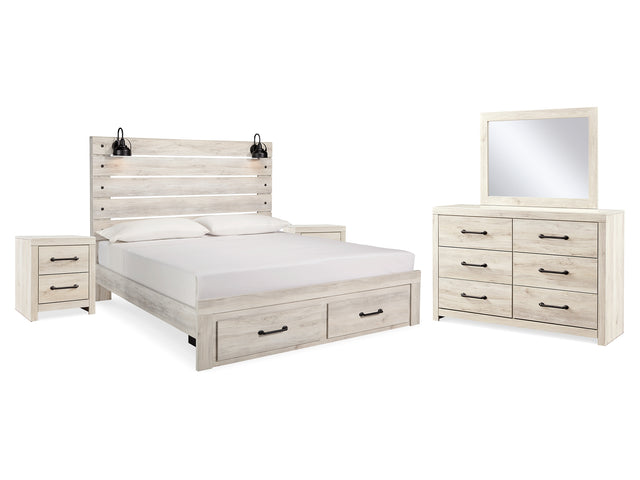 Cambeck Whitewash King Storage Bed, Dresser, Mirror And 2 Nightstands