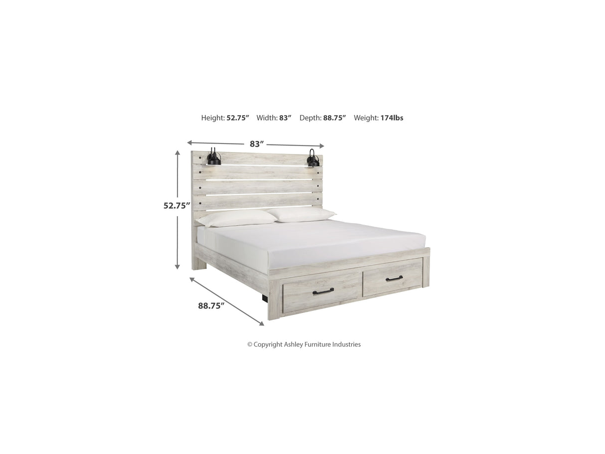 Cambeck Whitewash King Storage Bed, Dresser, Mirror And 2 Nightstands