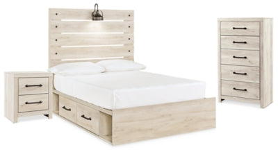 Cambeck Whitewash Full Panel Bed With Storage, Chest And Nightstand