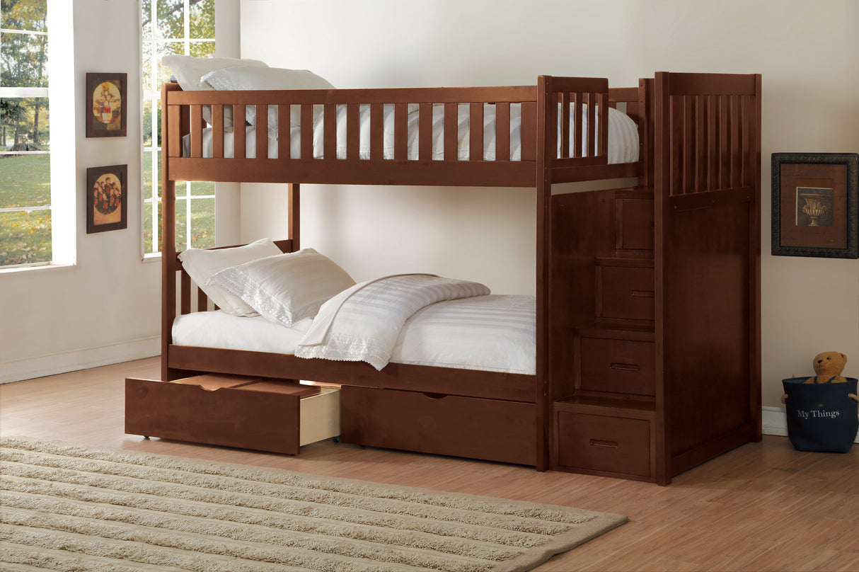 Rowe Dark Cherry Twin/Twin Step Bunk Bed With Storage Boxes