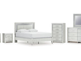 Zyniden Silver Queen Upholstered Panel Bed, Dresser, Mirror, Chest And 2 Nightstands