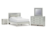 Zyniden Silver Queen Upholstered Panel Bed, Dresser, Mirror And Nightstand