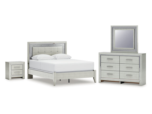 Zyniden Silver Queen Upholstered Panel Bed, Dresser, Mirror And Nightstand