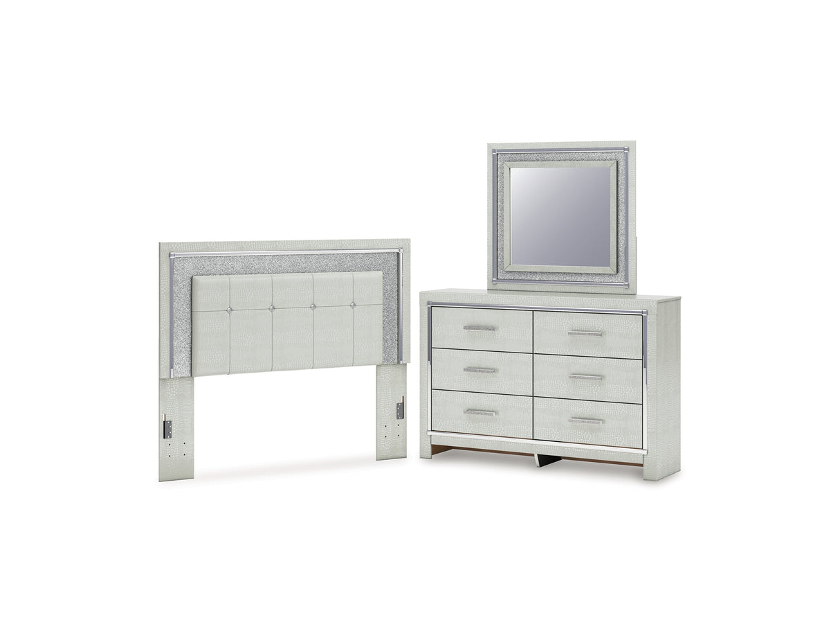 Zyniden Silver Queen Upholstered Panel Headboard, Dresser And Mirror