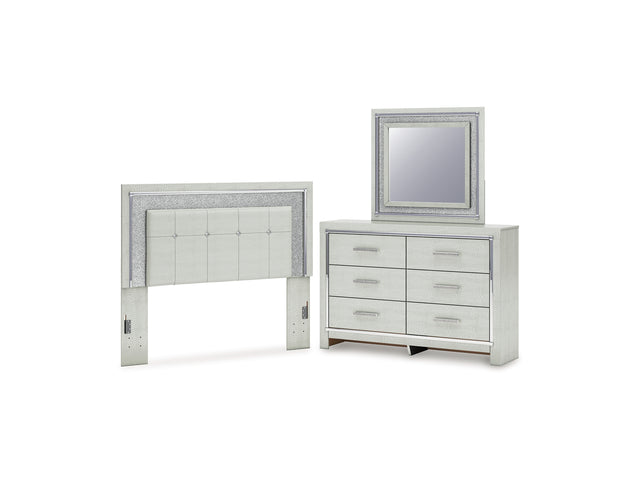 Zyniden Silver Queen Upholstered Panel Headboard, Dresser And Mirror