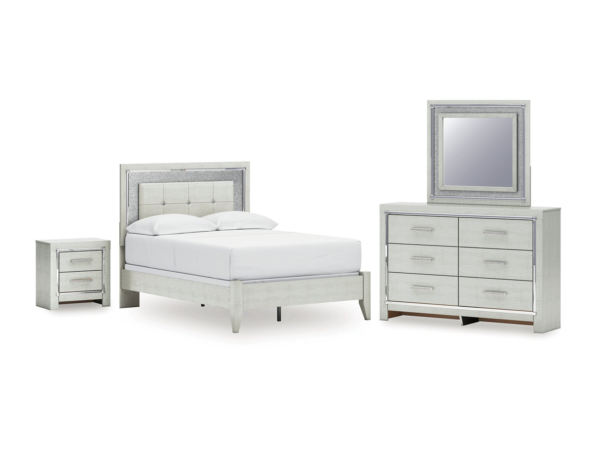 Zyniden Silver Full Panel Bed, Dresser, Mirror And Nightstand