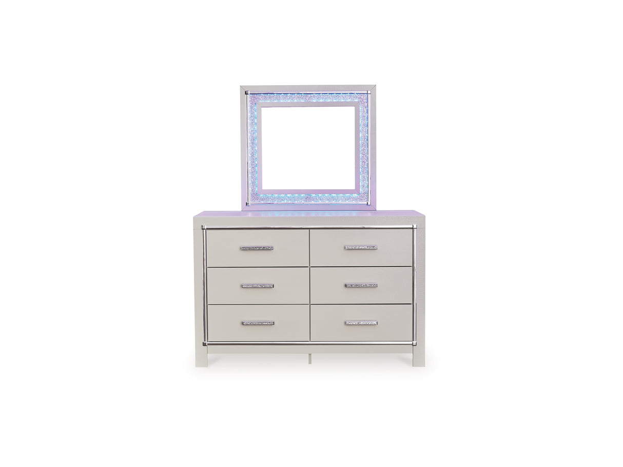 Zyniden Silver Queen Upholstered Panel Bed, Dresser, Mirror, Chest And 2 Nightstands