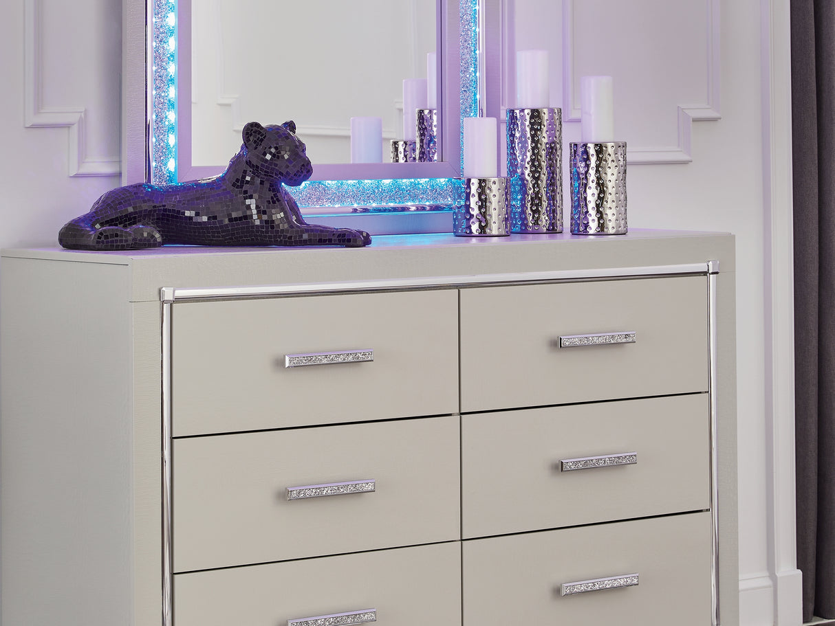 Zyniden Silver Queen Upholstered Panel Bed, Dresser, Mirror, Chest And 2 Nightstands