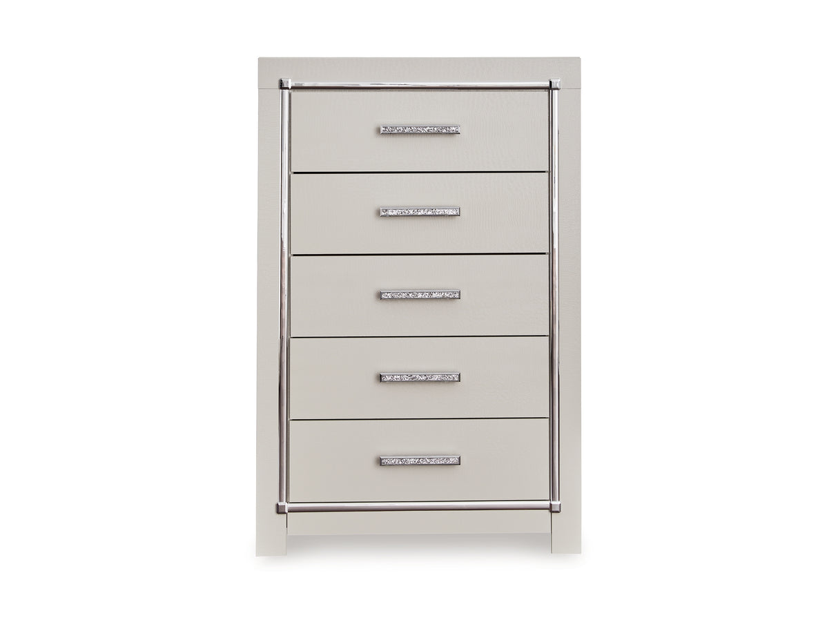 Zyniden Silver Queen Upholstered Panel Bed, Dresser, Mirror, Chest And 2 Nightstands