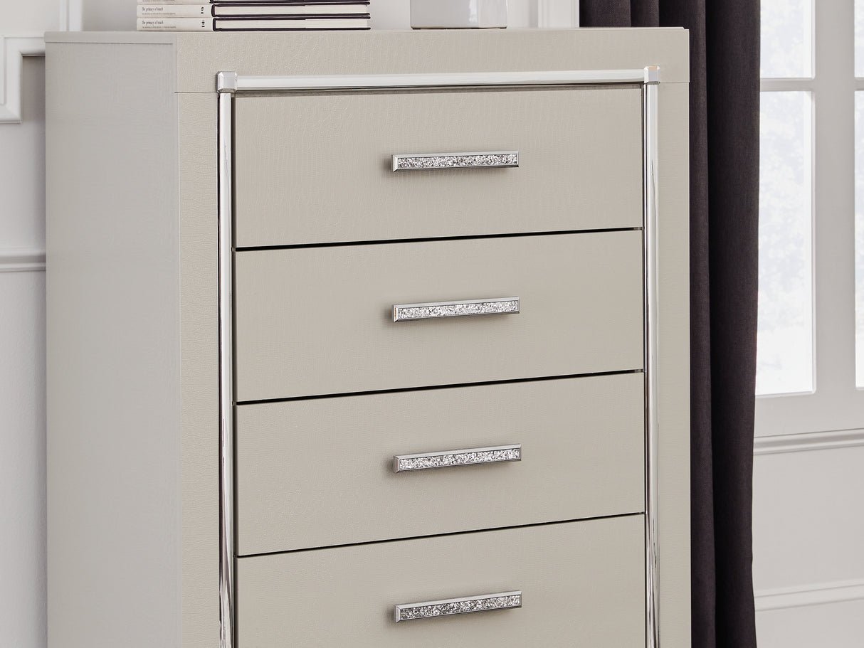 Zyniden Silver Queen Upholstered Panel Bed, Dresser, Mirror, Chest And 2 Nightstands