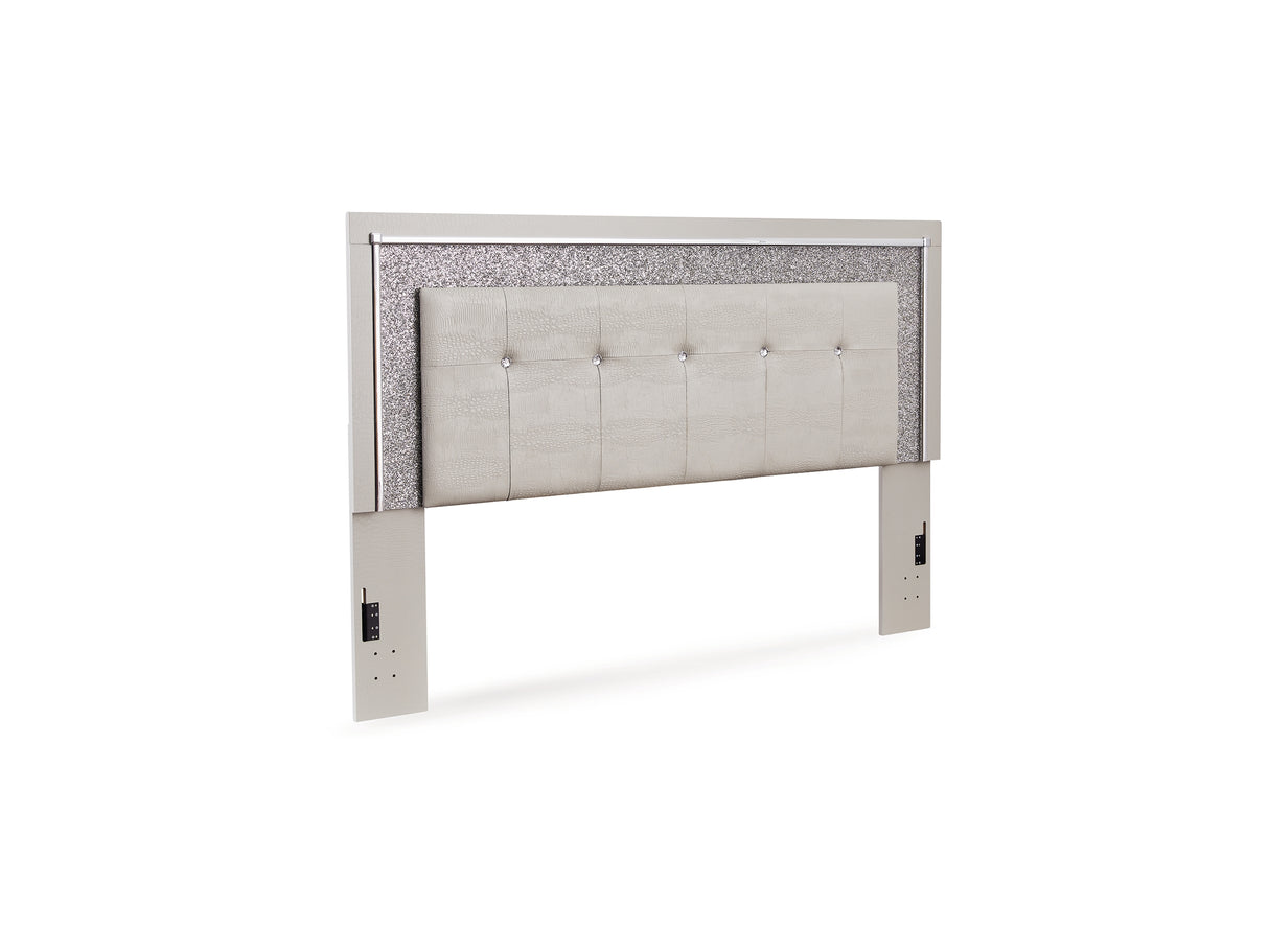 Zyniden Silver Queen Upholstered Panel Headboard, Dresser And Mirror