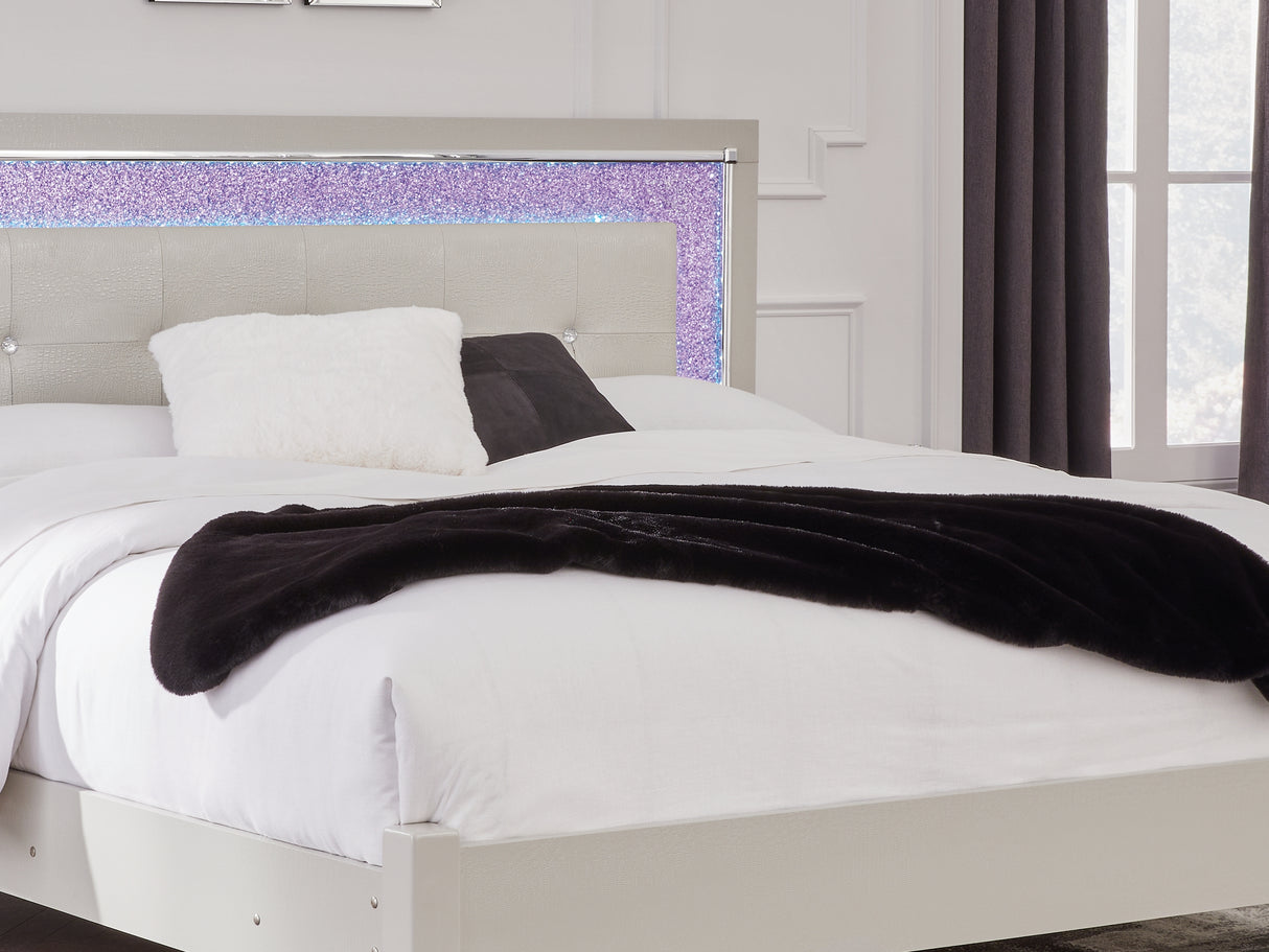 Zyniden Silver King Upholstered Panel Bed, Dresser And Mirror