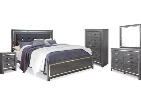 Lodanna Gray King Upholstered Panel Bed, Dresser, Mirror, Chest And Nightstand