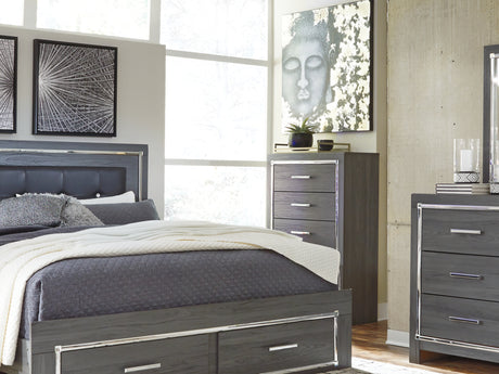 Lodanna Gray King Upholstered Storage Bed, Dresser, Mirror, Chest And 2 Nightstands