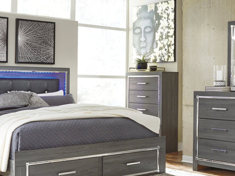 Lodanna Gray King Upholstered Storage Bed, Dresser, Mirror, Chest And 2 Nightstands