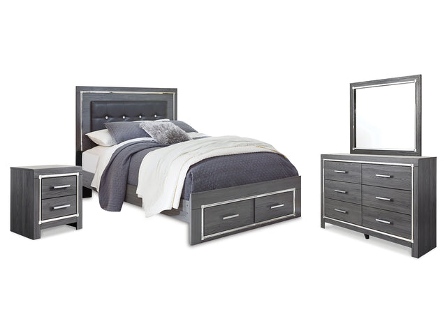 Lodanna Gray Queen Upholstered Panel Storage Bed, Dresser, Mirror, And Nightstand
