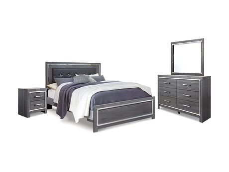 Lodanna Gray King Upholstered Panel Bed, Dresser, Mirror And Nightstand