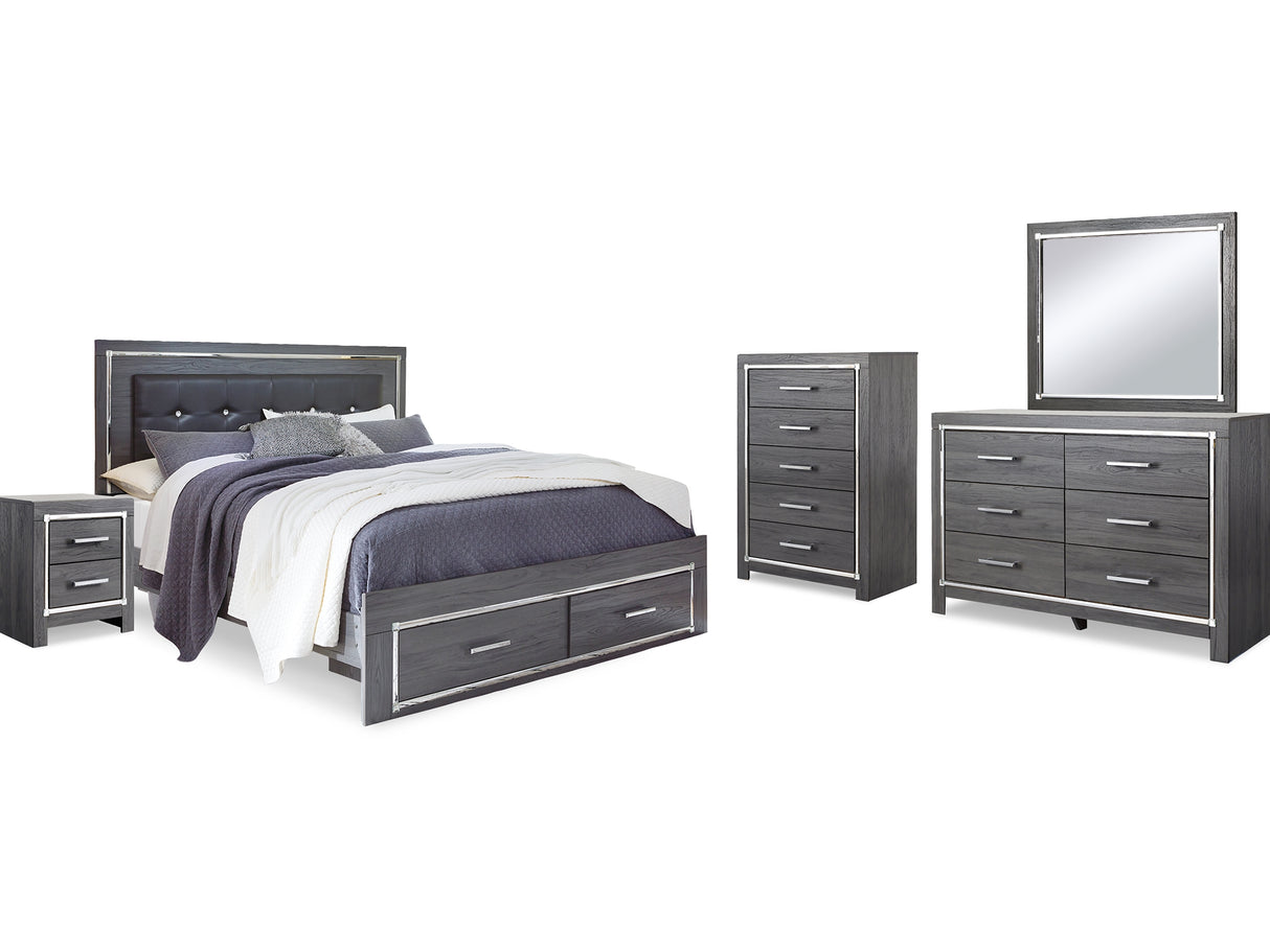 Lodanna Gray King Upholstered Storage Bed, Dresser, Mirror, Chest And Nightstand