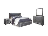 Lodanna Gray King Panel Storage Bed With Mirrored Dresser And Nightstand
