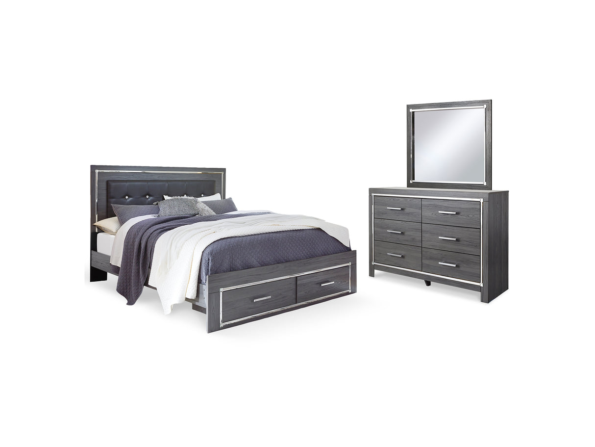 Lodanna Gray King Upholstered Storage Bed, Dresser And Mirror