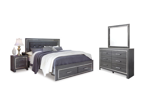 Lodanna Gray King Upholstered Storage Bed, Dresser, Mirror, And Nightstand