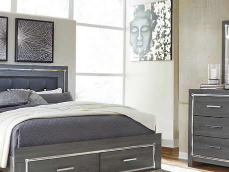 Lodanna Gray King Upholstered Storage Bed, Dresser, Mirror, Chest, And Nightstand