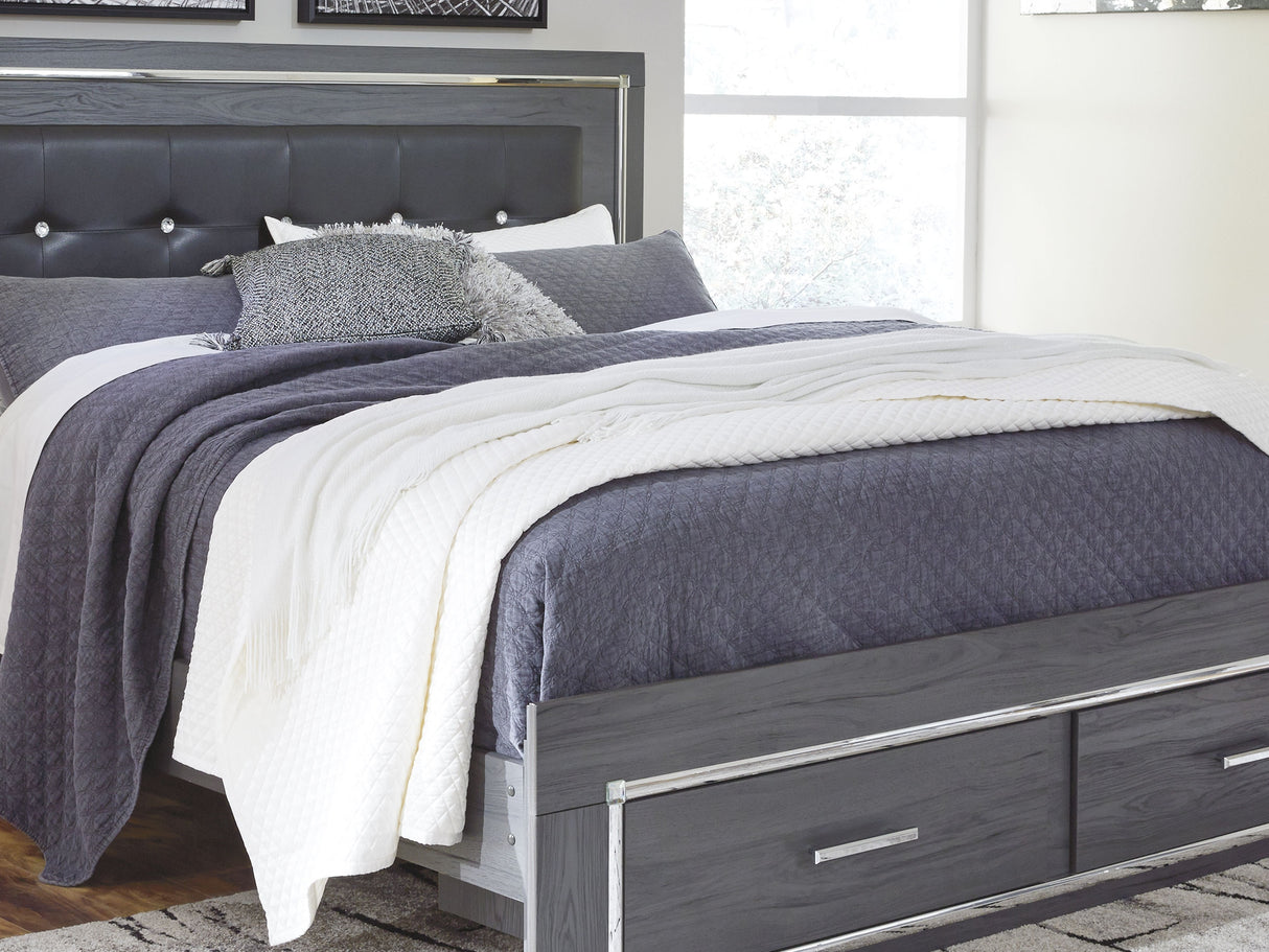 Lodanna Gray King Upholstered Storage Bed, Dresser, Mirror, And Nightstand