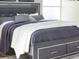 Lodanna Gray King Upholstered Storage Bed, Dresser, Mirror, And Nightstand