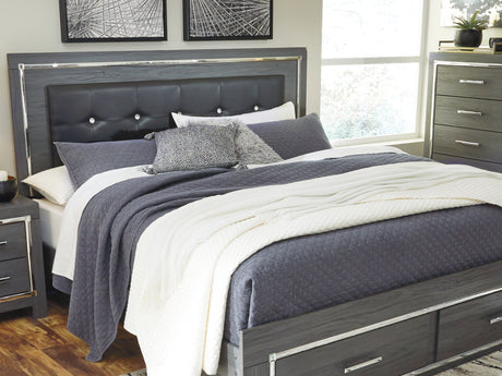 Lodanna Gray King Panel Storage Bed With Mirrored Dresser And Nightstand