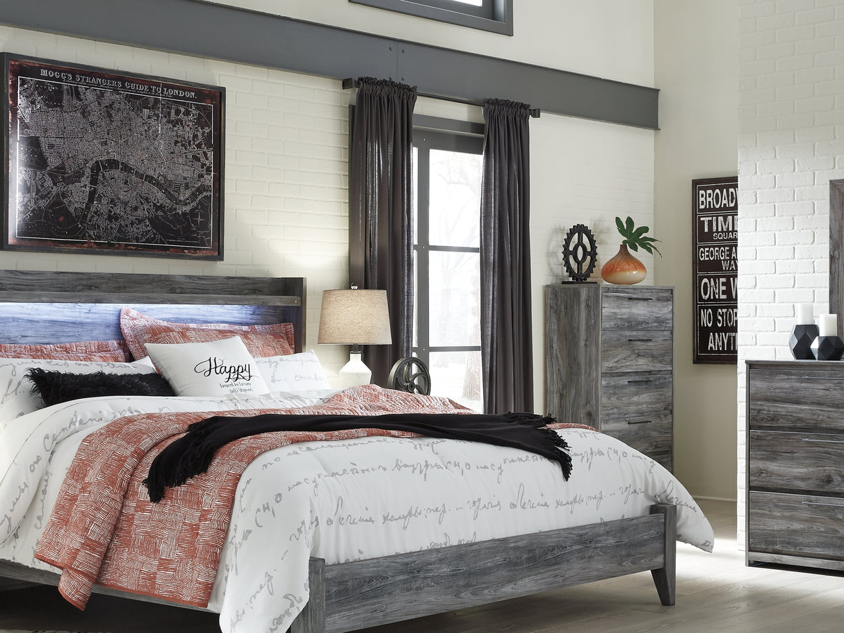 Baystorm Gray King Panel Bed, Dresser, Mirror, Chest And 2 Nightstands