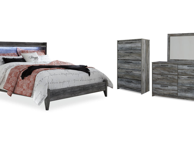 Baystorm Gray King Panel Bed, Dresser, Mirror And Chest