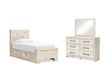 Lawroy Light Natural Twin Panel Bed With Storage, Dresser And Mirror