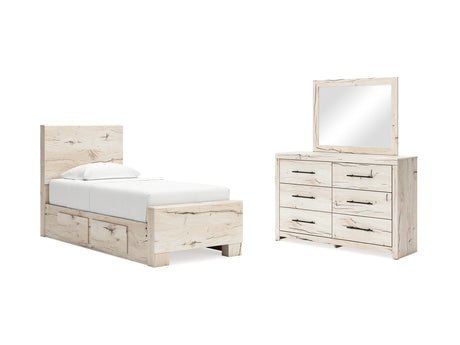 Lawroy Light Natural Twin Panel Bed With Storage, Dresser And Mirror