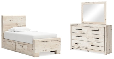 Lawroy Light Natural Twin Panel Bed With Storage, Dresser And Mirror