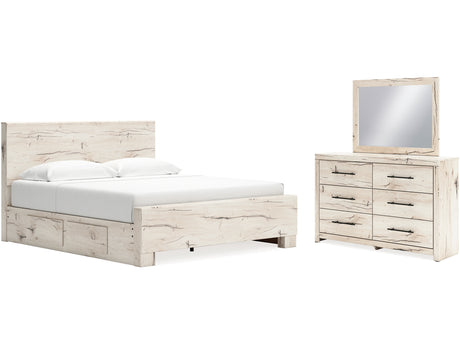 Lawroy Light Natural King Panel Bed With Storage, Dresser And Mirror