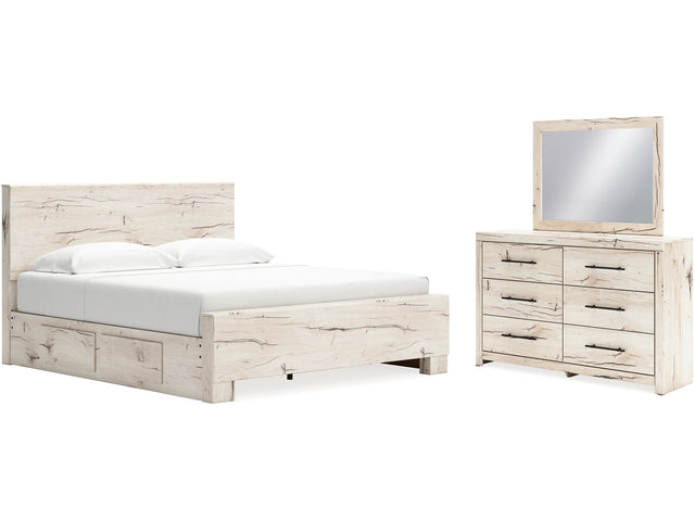 Lawroy Light Natural King Panel Bed With Storage, Dresser And Mirror
