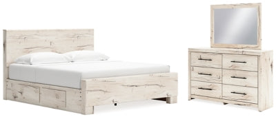 Lawroy Light Natural King Panel Bed With Storage, Dresser And Mirror