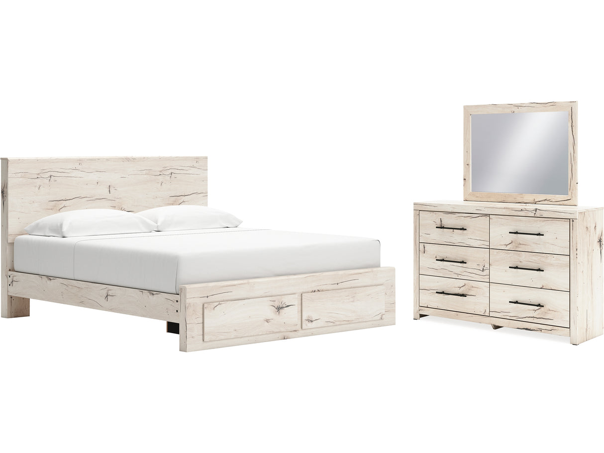 Lawroy Light Natural King Panel Storage Bed, Dresser And Mirror