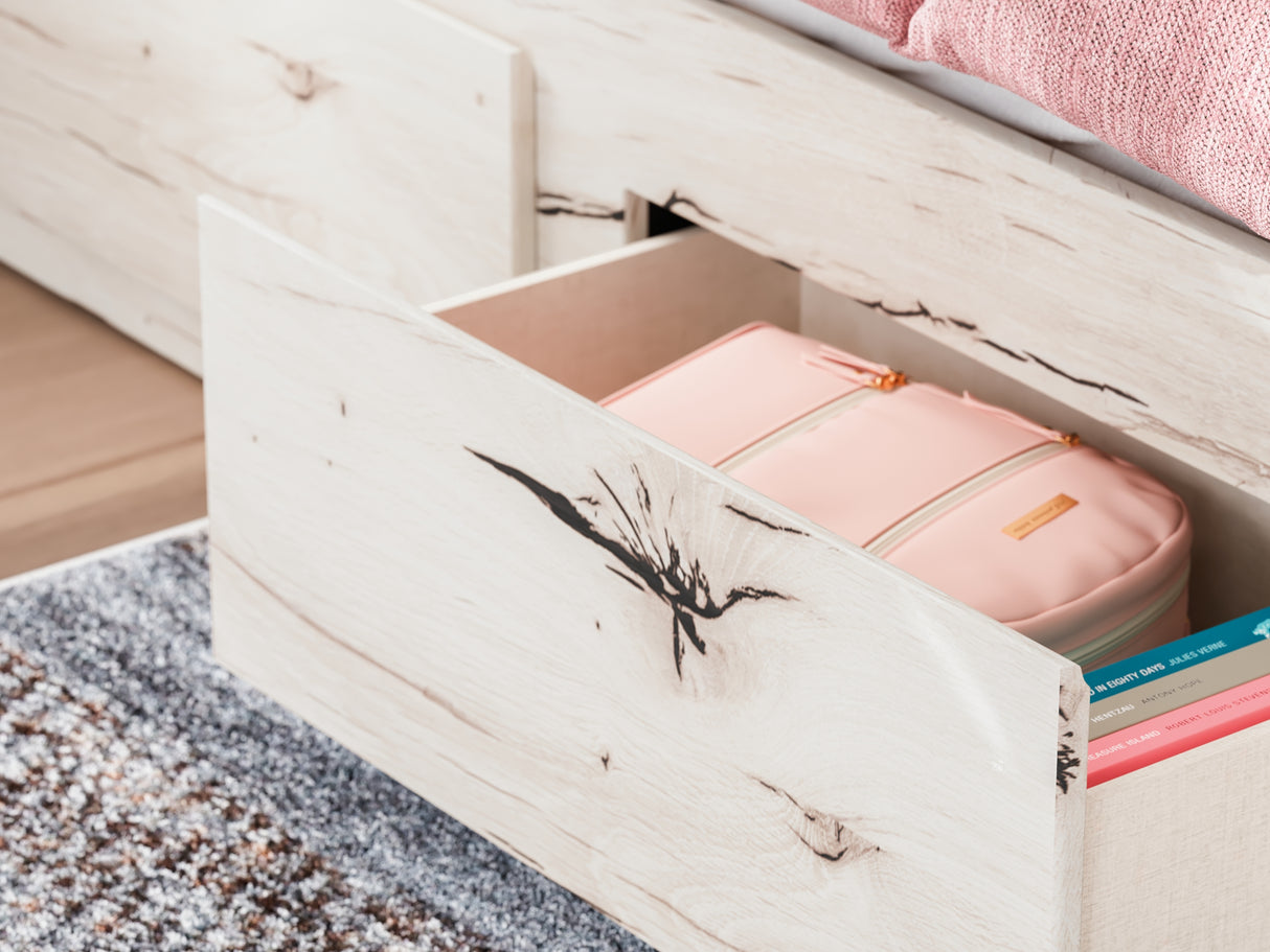 Lawroy Light Natural Twin Panel Bed With Storage, Dresser And Mirror