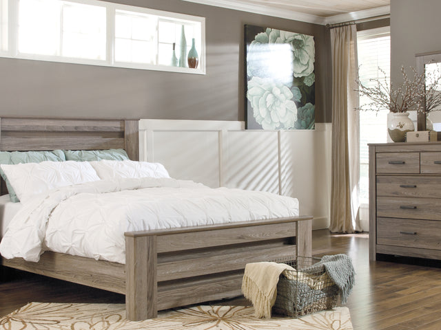 Zelen Warm Gray Queen Panel Bed, Dresser, Mirror And Nightstand
