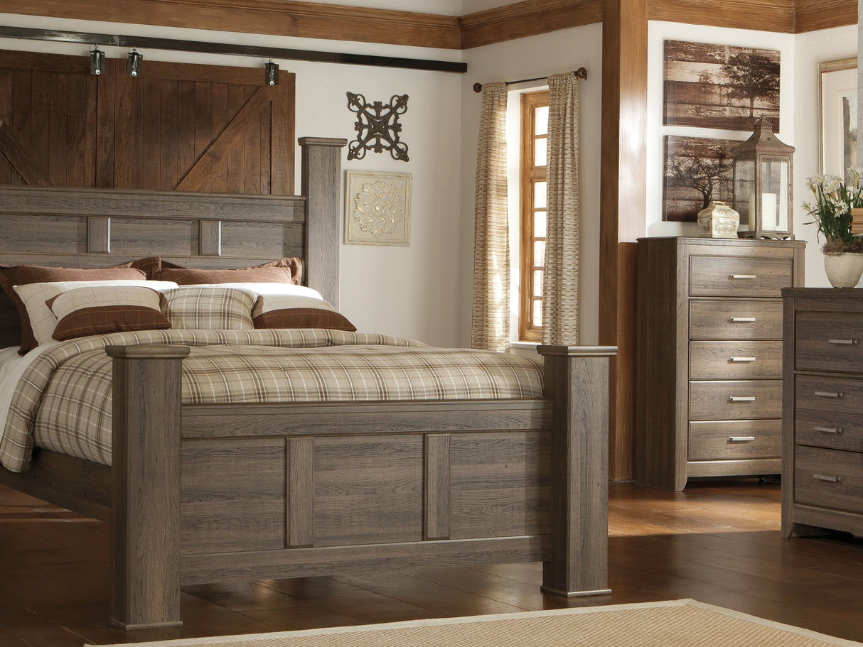 Juararo Dark Brown Queen Poster Bed, Dresser, Mirror, Chest And 2 Nightstands